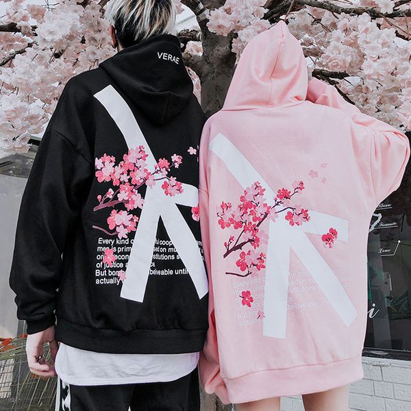 

2019 autumn winter modis cherry blossom print hoodie streetwear hip hop oversize women men cotton sweatshirts retro hoody, Black