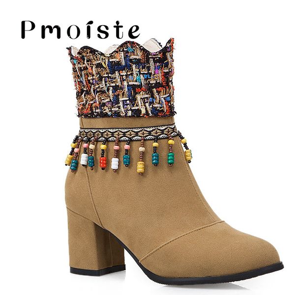 

2019 new boots women fringe plus size 34-50 boot female zipper folk-custom string bead winter boots increasing ankle women, Black