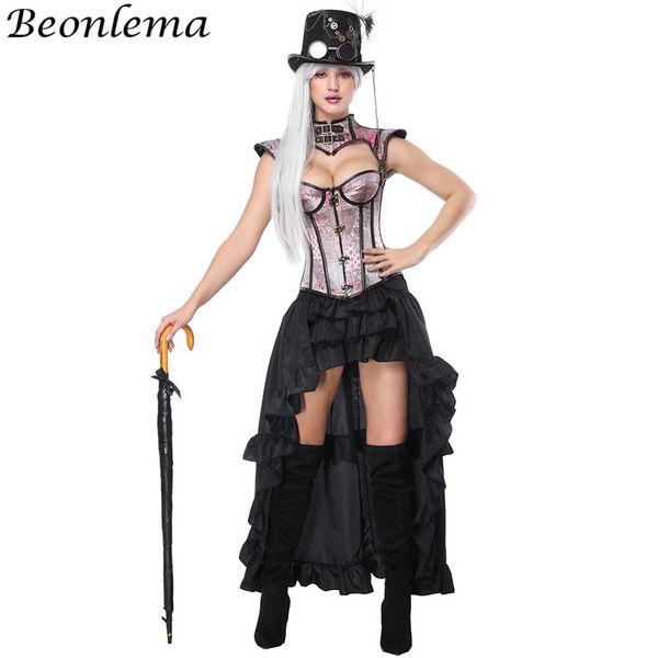 

beonlema women cosplay corset jacket blue buckle corset kawaii pink bustiers bra black long elastic skirt overbust, Black;white