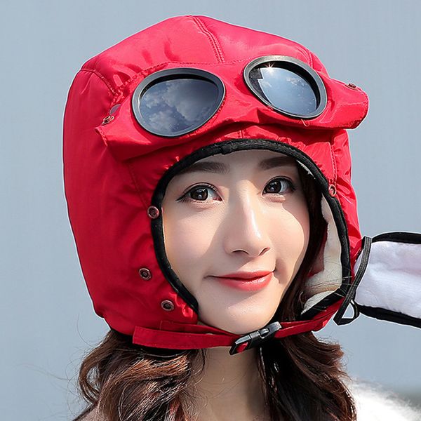 

female winter thickening warm trapper trooper hats cycling skiing plus velvet warm glasses outdoor windproof ear flaps protection, Blue;gray