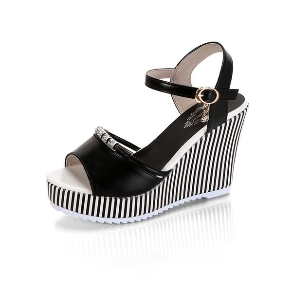 

new style sandal slope heel rhinestone stripe fish mouth waterproof platform roman muffin high-heeled shoes woman hykl, Black