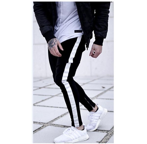 

style mens hip hop erkek pantolon tight fit stripe pencil trousers new men sweatpants slim pantalon homme retail wholesale, Blue