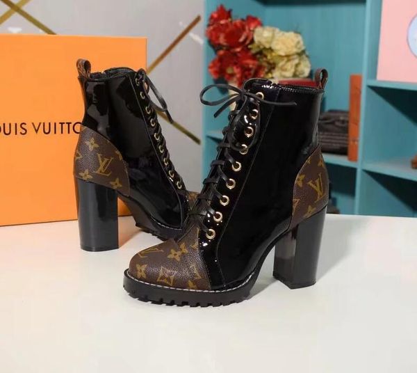 

2019 matchmake low boot with monogram canvas strap womens luxury boots fashion leather chunky heel martin boots women desert booties, Black