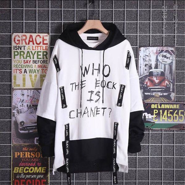 

2020 новый mens hip hop фуфайки мода extended ripped печатный толстовки поддельные две пьесы пуловер sportwear для мужских толстовки, Black