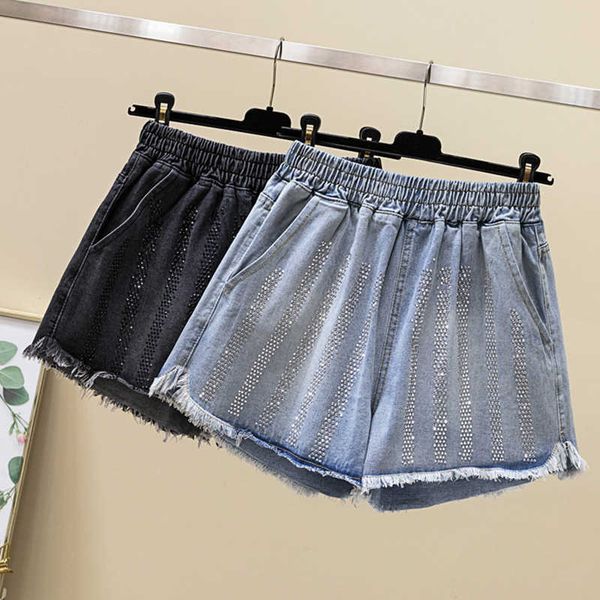 

women's shorts 5xl plus size summer women elastic waist streetwear vintage wide leg denim pants casual jean c6225, White;black