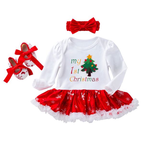 

newborn infant baby girls christmas tree romper dress tutu hairband shoes set hair band and letter snowflake print pettiskirt, Red;yellow