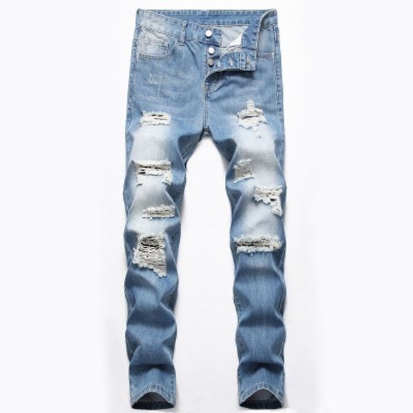 

destroyed jeans mens designer pants jeans european and american men's wear nostalgia blue jeans straight button personality ripped pant