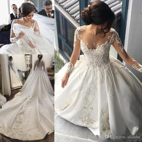 Wedding Dresses Gorgeous Sheer Neck Lace Long train and Sleeves Crystals Ruffles