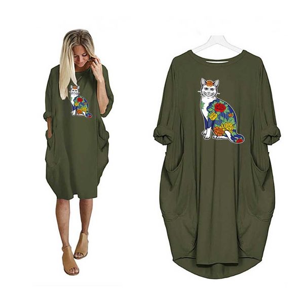 

colorful cats womens designer dress fashion pattern dresses casual womens clothes pockets girls printing 2020 summer fashion 6 colors, Black;gray