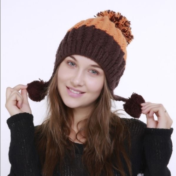 

european cute handmade halloween knitting caps winter new two-color fish bone 3 ball women warm wool single layer hats wholesales, Blue;gray