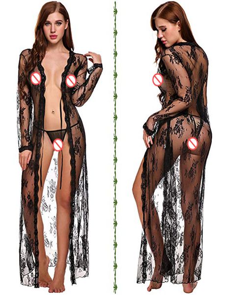 Lingerie para As Mulheres Sexy Longo Vestido de Renda Sheer Vestido Ver Através de Kimono Robe Preto Branco Vermelho Grande Tamanho Venda Quente