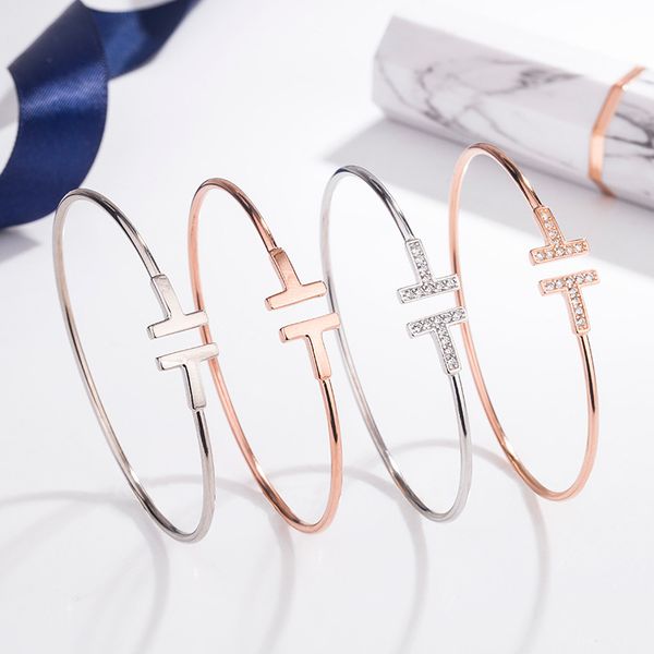 

s925 sterling silver double t-shaped couple bracelet t-shaped bracelet diamond plated 18k rose gold elastic opening adjustment, Golden;silver