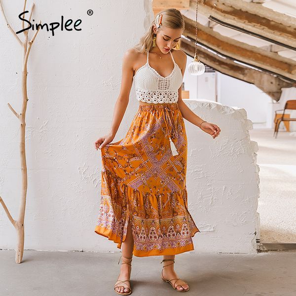 

simplee bohemian floral print women skirt tassel elastic waist female a-line long skirt spring summer ladies holiday skirts 2020, Black
