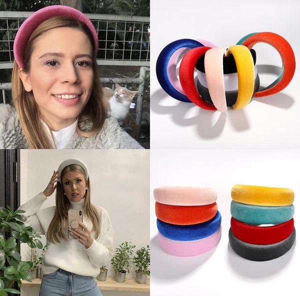 

2019 women padded wide sponge headband glitter velvet sweet candy color hair hoop vintage party stretchy thick headpiece, Silver