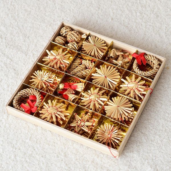 

1set natural wheat straw pendants xmas simple decoration mini five-pointed star kit diy christmas tree decor hanging ornaments
