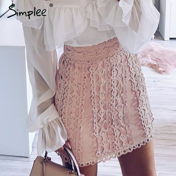 

simplee a-line lace embroidery women skirt casual streetwear autumn female short skirt party club ladies mini pink skirts, Black
