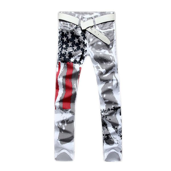 

men's white american flag printed jeans elastic slim casual star red stripe painted fashion casual pants plus size 28-44, Blue