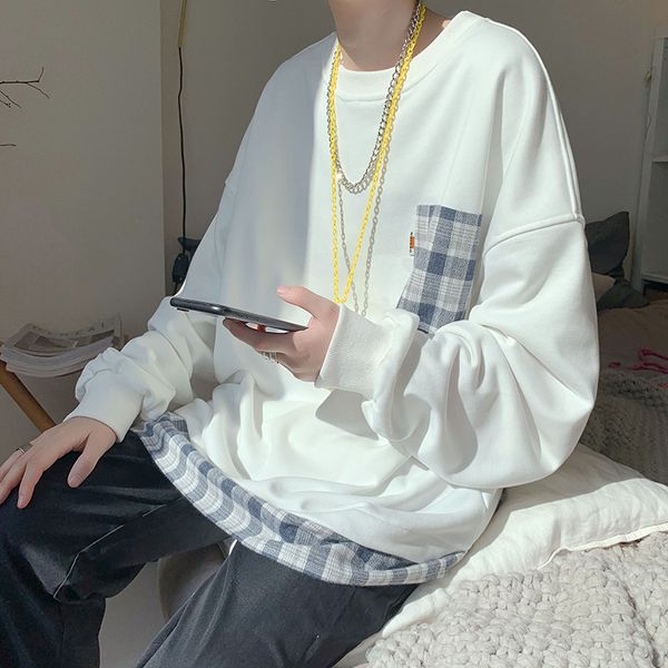 

поддельные из двух хлопка hoodie мужская мода ретро плед строчка вскользь фуфайки мужчины streetwear wild сыпучие hip hop толстовки мужские, Black