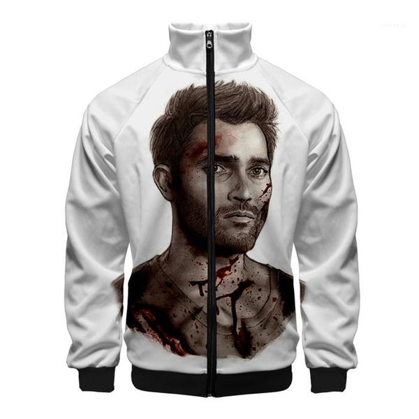 

3d print stand collar pocket jackets zipper double sided printing long sleeve casual men coat derekhale, Black;brown