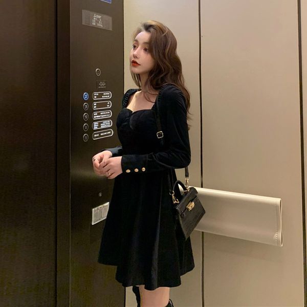 

casual dresses 2021 wind velvet dress woman waist skirt short, Black;gray