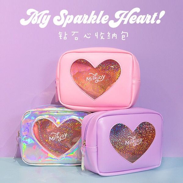 

bentoy milkjoy laser lucency cosmetic bag diamond hologram heart girl make up bag case travel toiletry shining gift for