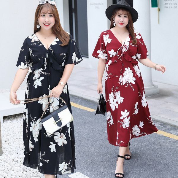 

spring and summer new fat sister plus fat plus size women's long dress holiday flower case beach skirt, Black;gray