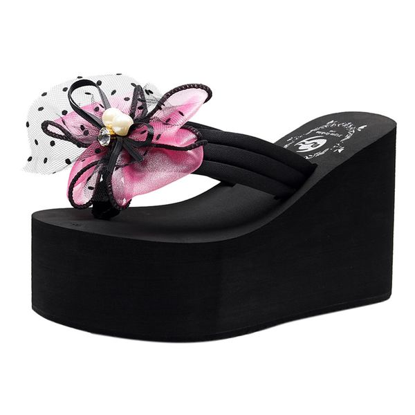 

women ladies girls pearl bowknot wedges flip flops sandals slippers beach shoes thick-soled wear-resistant flower slipper apr 8, Black