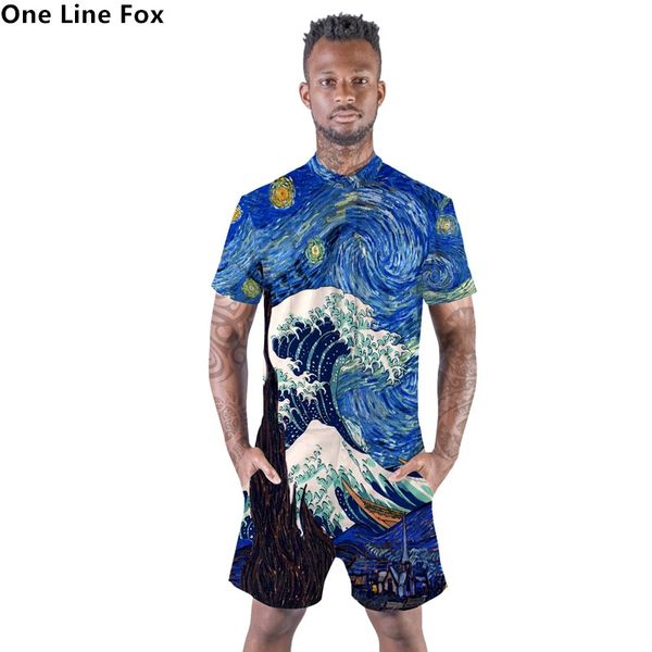 

onelinefox галактики мужские комбинезон мода 3d печать с коротким рукавом свободного покроя брюки-карго комбинезон брюки комбинезон повседне, Black