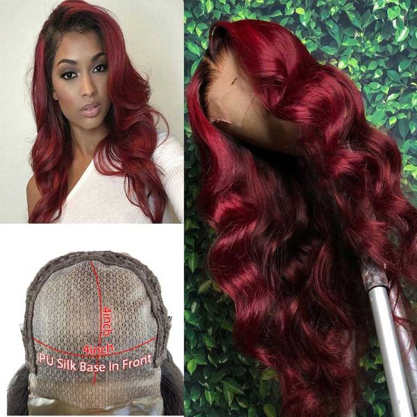 

lace wigs burgundy color pu silke base wig 4*4 silk closure wavy brazilian glueless bleached knots remy 150 180 density, Black;brown