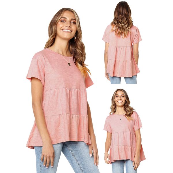 

Februaryfrost Brand Designer Women's Summer Casual Short Sleeve Loose Blouse High Low Hem Ruffle Peplum Tops T Shirts Free Shipping