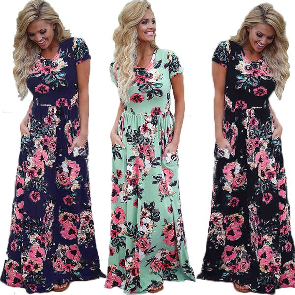 

elegant women dresses summer 2019 short sleeve print flower maxi dress dress tighten waist floral boho long vestidos ladies, Black;gray