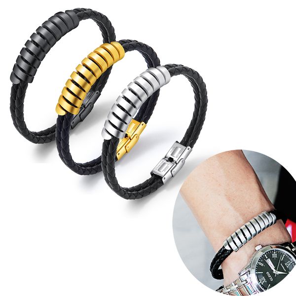 

men stainless steel jewelry double-layer braided pu leather wristband bracelet punk gothic cuff bangle charm bracelet wristlet men accessory, Golden;silver
