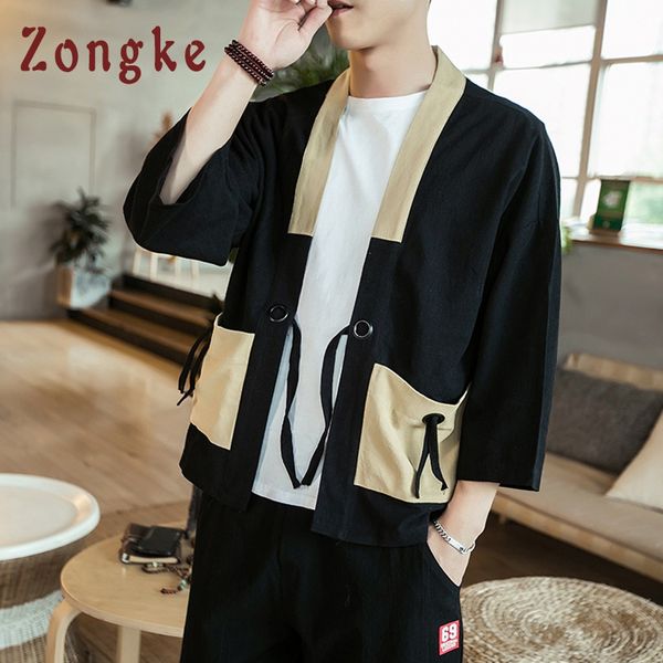 

zongke chinese kimono cardigan men open stitch kimono cardigan men black long jacket mens traditional han clothing 2018, Black;brown