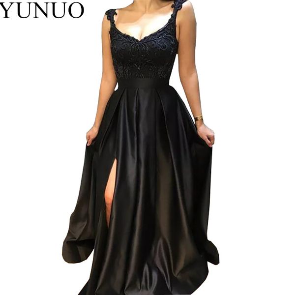

lace beaded evening dress black spaghetti strap prom gowns 2019 girls long side slit satin prom dress vestido de noche, White;black