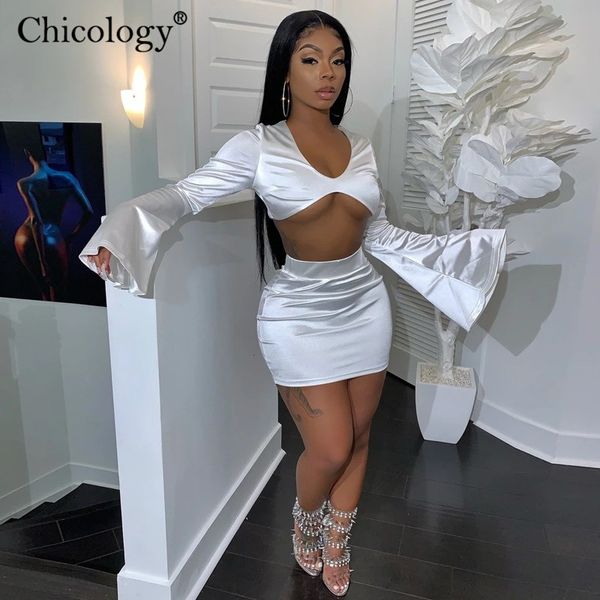 

chicology satin flare long sleeve 2 two piece matching set women crop high waist mini skirt 2019 autumn winter party clothes, White
