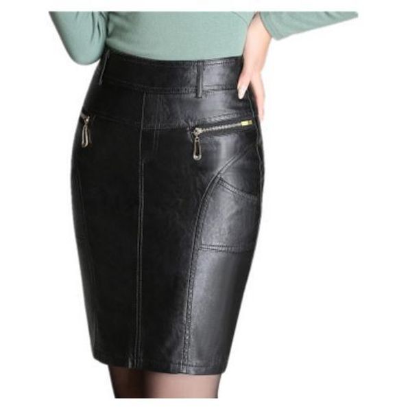 

autumn and spring 2019 women's high waist fur pencil skirt  / 4xl women's black rubber tight leather skirt saia k570, Black;gray