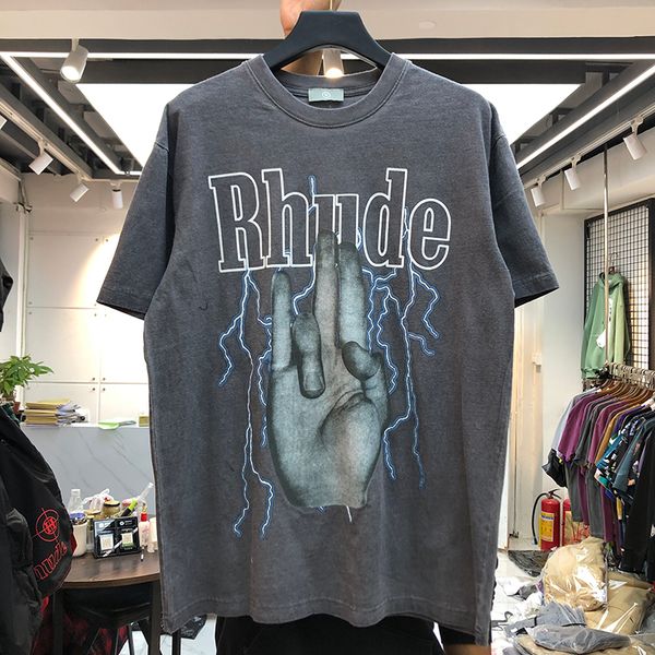 

summer style rhude finger tees faded short sleeve t-shirt men women hiphop 100% cotton washed oversized t shirt men gunn, White;black