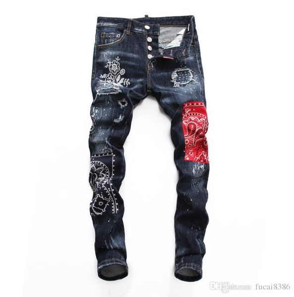 

d2019 высокого качества моды нового стиль бренд мужчины denim вышивка тайгер брюки дырка джинсы zipper мужчина натяжное отверстие джинсы стр, Blue