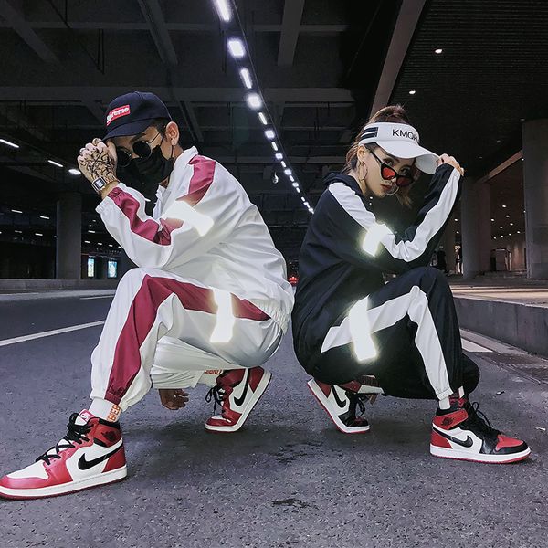 

men reflective sportswear set mens tracksuit sporting fitness clothing two pieces long sleeve jacket + pants lover's track suit, Gray