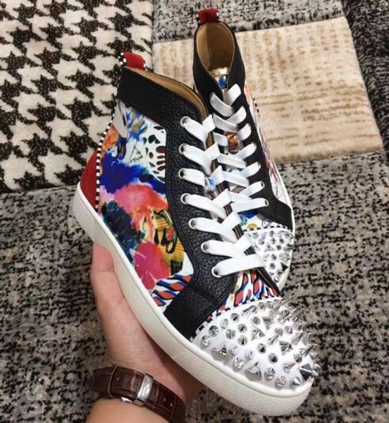 

high-leisure shoes lace-up white art graffiti rivets red bottom for man shoes sneakers leather flat loafers luxury party outdoor flats, Black