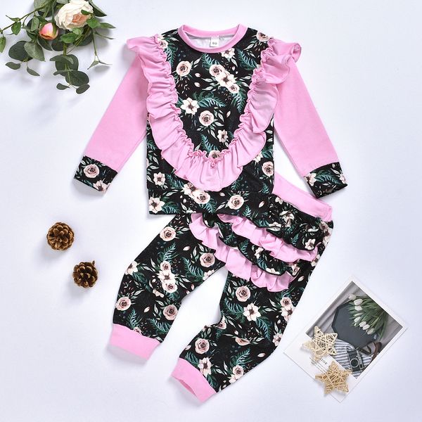 

2020 spring newborn baby girls sweatshirt ruffles pants flower print long sleeve infant kids fall clothes