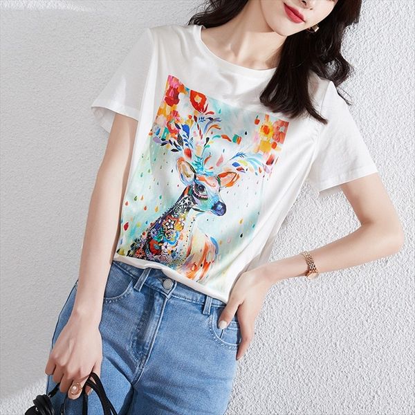 

printed short sleeve and silk t-shirt silk 2020 round collar cool black technology t-shirt female, White