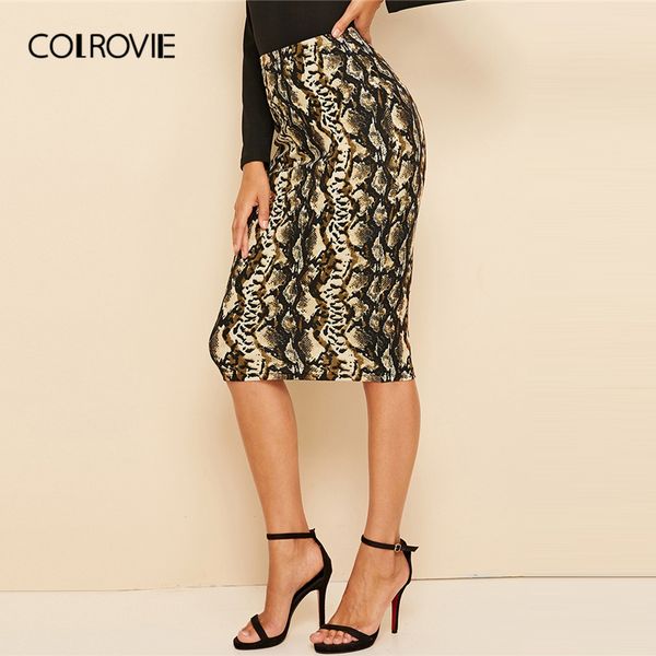 

colrovie high waist snakeskin print pencil skirt women 2019 fall ladies midi skirt bodycon elegant skirts, Black