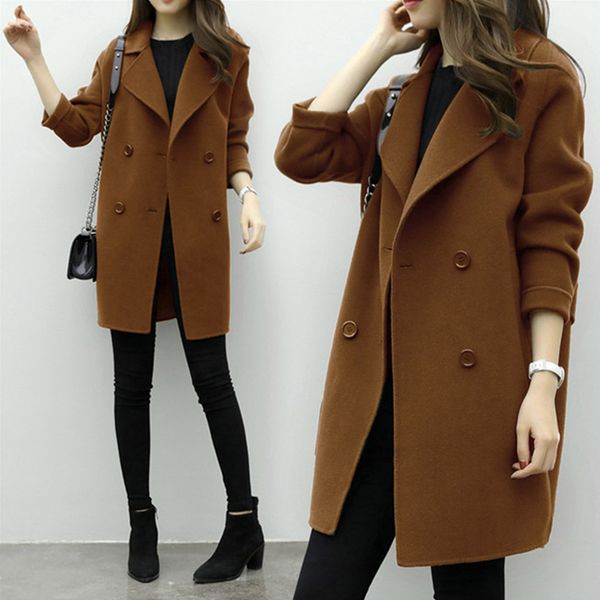 

2019 new thin wool blend coat women long sleeve turn-down collar outerwear jacket casual autumn winter elegant overcoat, Black