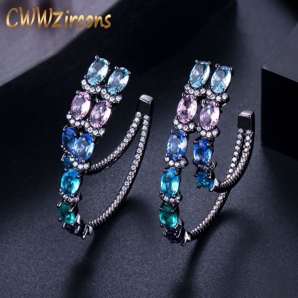 

cwwzircons new designer jewelry 2 layer circle black gold color multi blue cz crystal big round hoop earrings for women cz560, Golden;silver