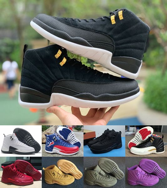 

jumpman 12 12s fiba cny bumblebee mens basketball shoes reverse taxi game royal blue gym red wings grey men sports sneakers trainers, Black