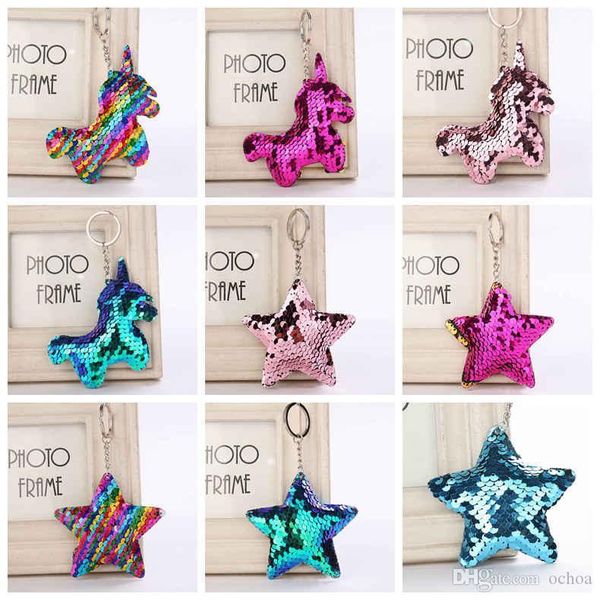 

Sequin unicorn tar key chain chri tma keyring cell phone bag pendant keychain mermaid key ring home decor party favor 9 tyle 150pc, Silver