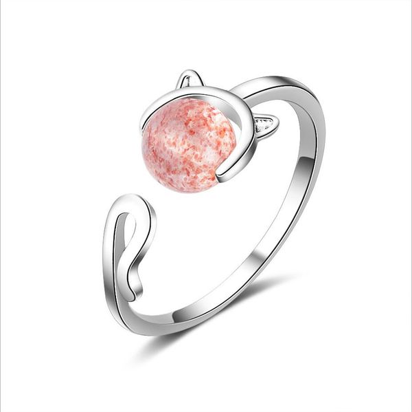

meekcat 925 solid real sterling silver fashion cat strawberry crystal opening ring sizable for teen girl kid xmas gift ds977, Slivery;golden