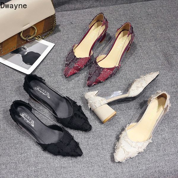 

spring and autumn new women's single shoes korean fashion transparent thick with pointed high heels wild casual work shoes, Black