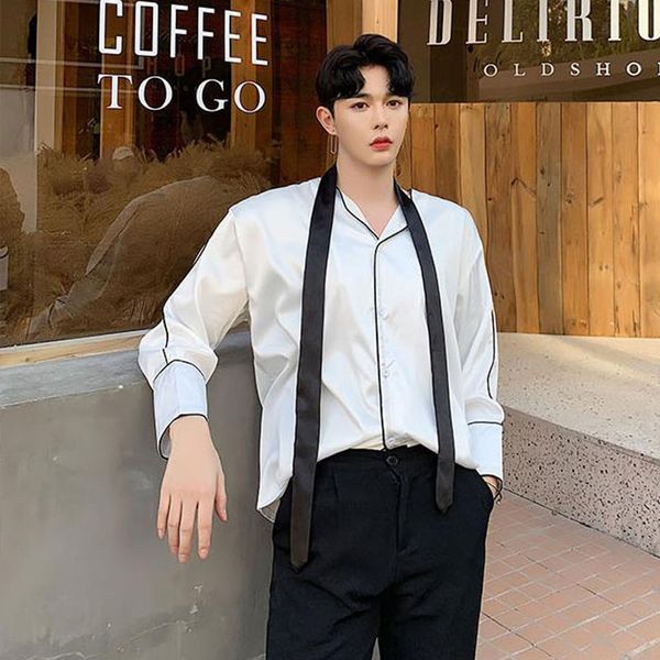 

мужчины tie длинных рукавов свободных повседневная мужская vintage fashion hip hop party рубашка платье stage show костюмы, White;black